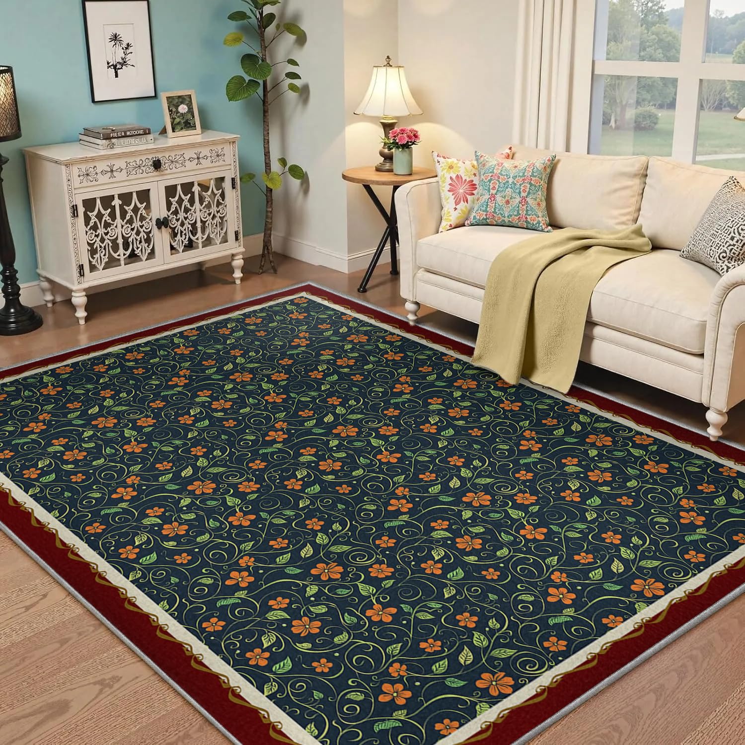 Tapis vintage floral orange et vert 160x230cm à poil bas lavable