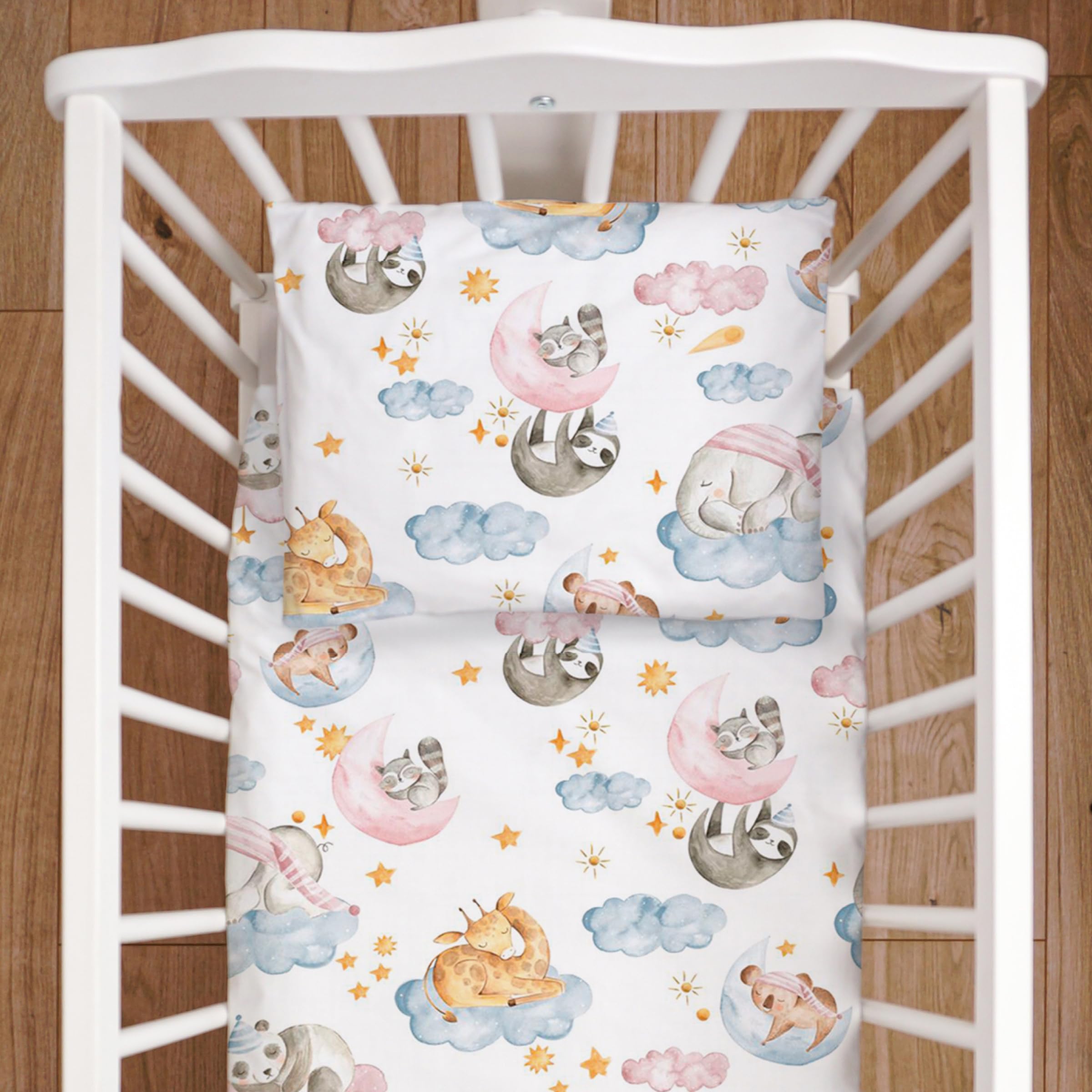 Baby Comfort 4 Piece Duvet Pillow Duvet Cover Pillowcase 80x70 cm Bedding Set 12M+ (Animals in clouds)