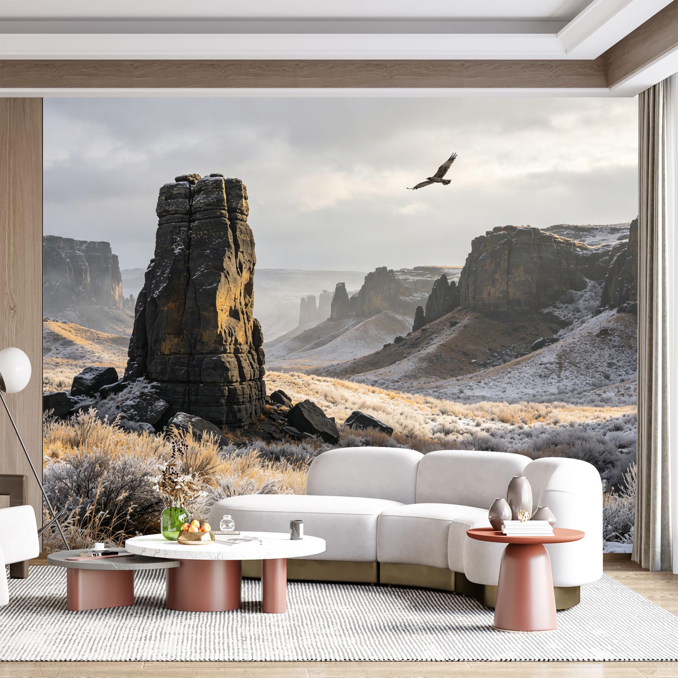 Custom Size Wall Mural Winter Landscape Rocky Cliffs Bird Flying Wilderness Scenic View SelfAdhesive Wall Fabric Removable for Home Office Decor