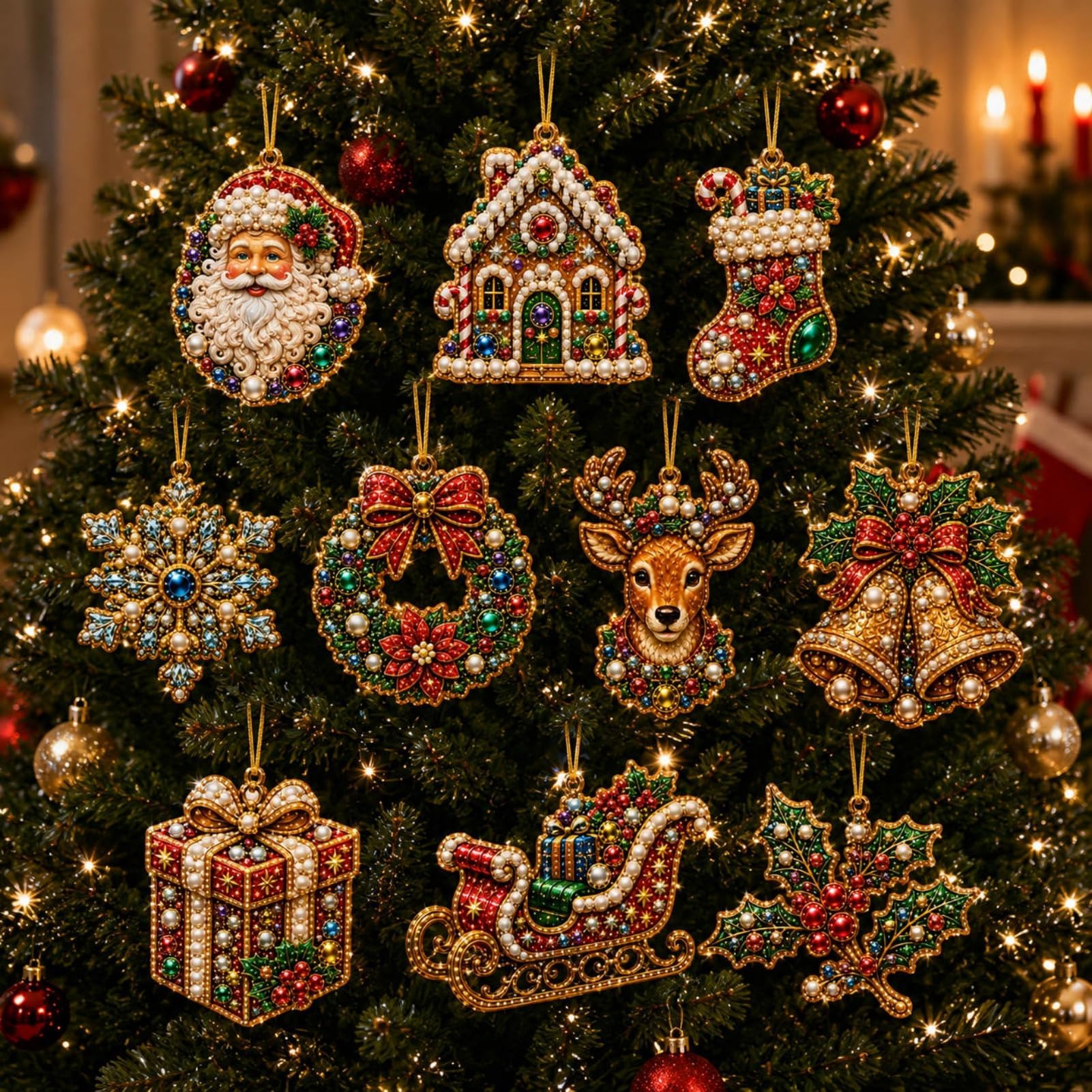 Christmas Diamond Painting Kit, 10 PCS Pearl Art Acrylic Hanging Ornaments