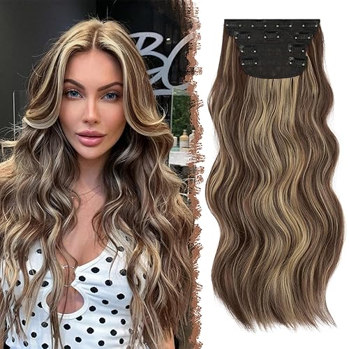 FESHFEN Extensiones de cabello con clip, 4 piezas, color rubio con reflejos, color marrón medio, grueso, extensiones de cabello largo ondulado con