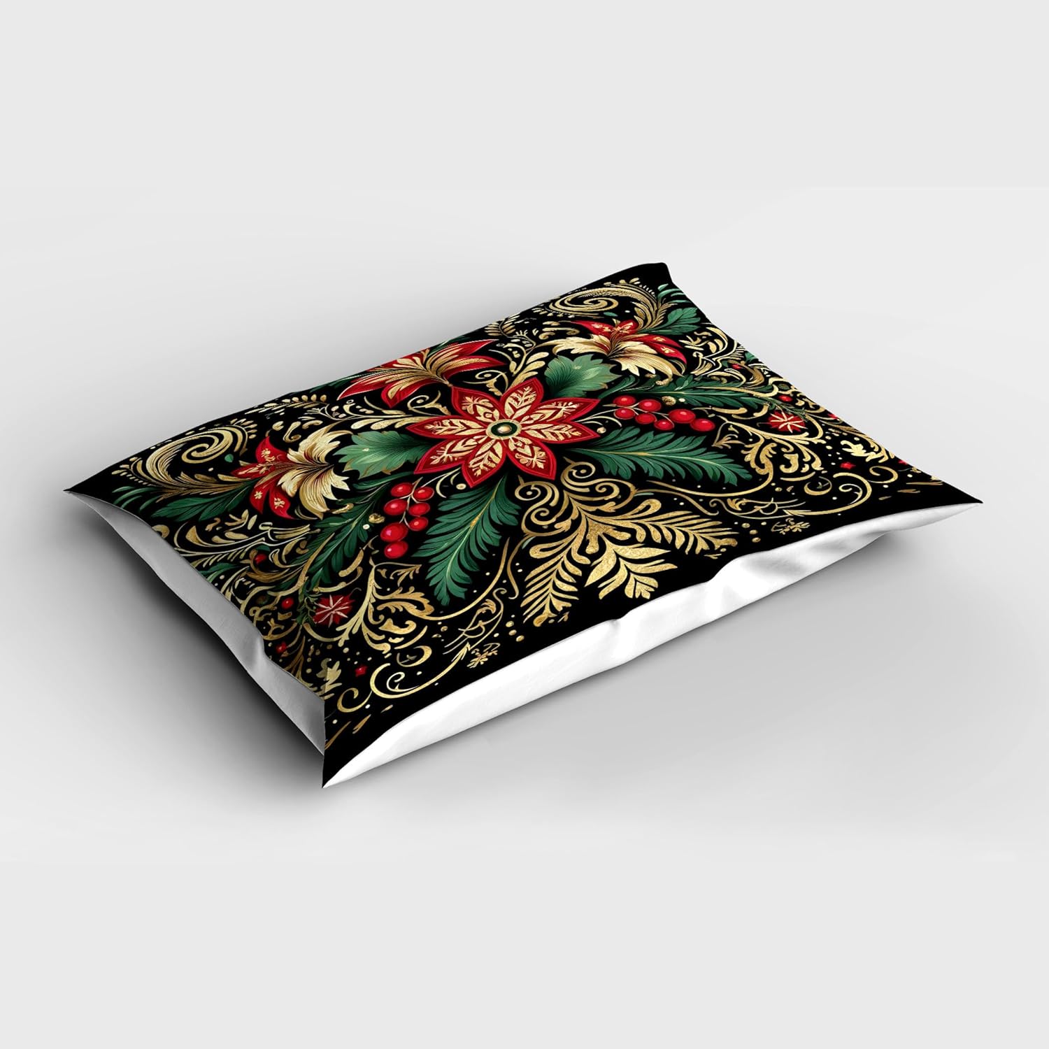 Ambesonne Christmas Pillow Sham Set of 2, Black Xmas with Victorian Leaves and Flowery Huddle Snowflake Details, Quality Microfiber Bedding Item for All Seasons, 36" x 20", Dark Pink Green Khaki