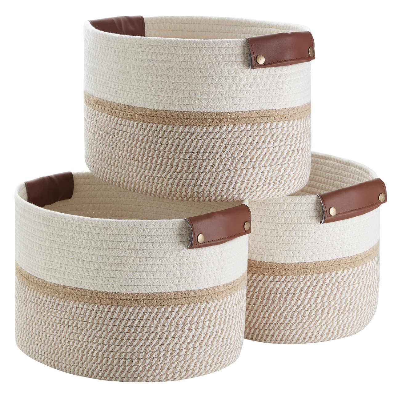 Paquete de 3 cestas de almacenamiento de cuerda de algodón tejidas con asas de piel sintética, cesta decorativa tejida para organizadores de almacenamiento, 15 x 10 x 9 pulgadas,