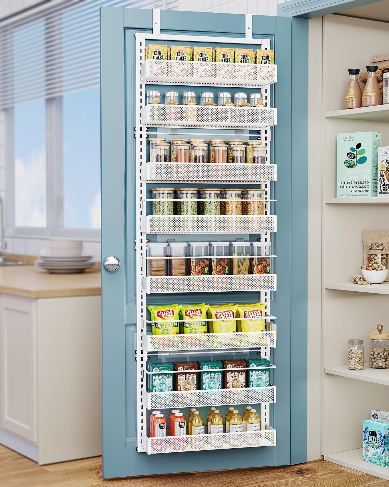 Over the Door Pantry Organizer - 8 Tier Adjustable Pantry Door Spice Organizer, Large Capacity Hanging Door Spice Rack for Kitchen Pantry Organizers and Storage (White, 17"W x 6"D x 69"H)