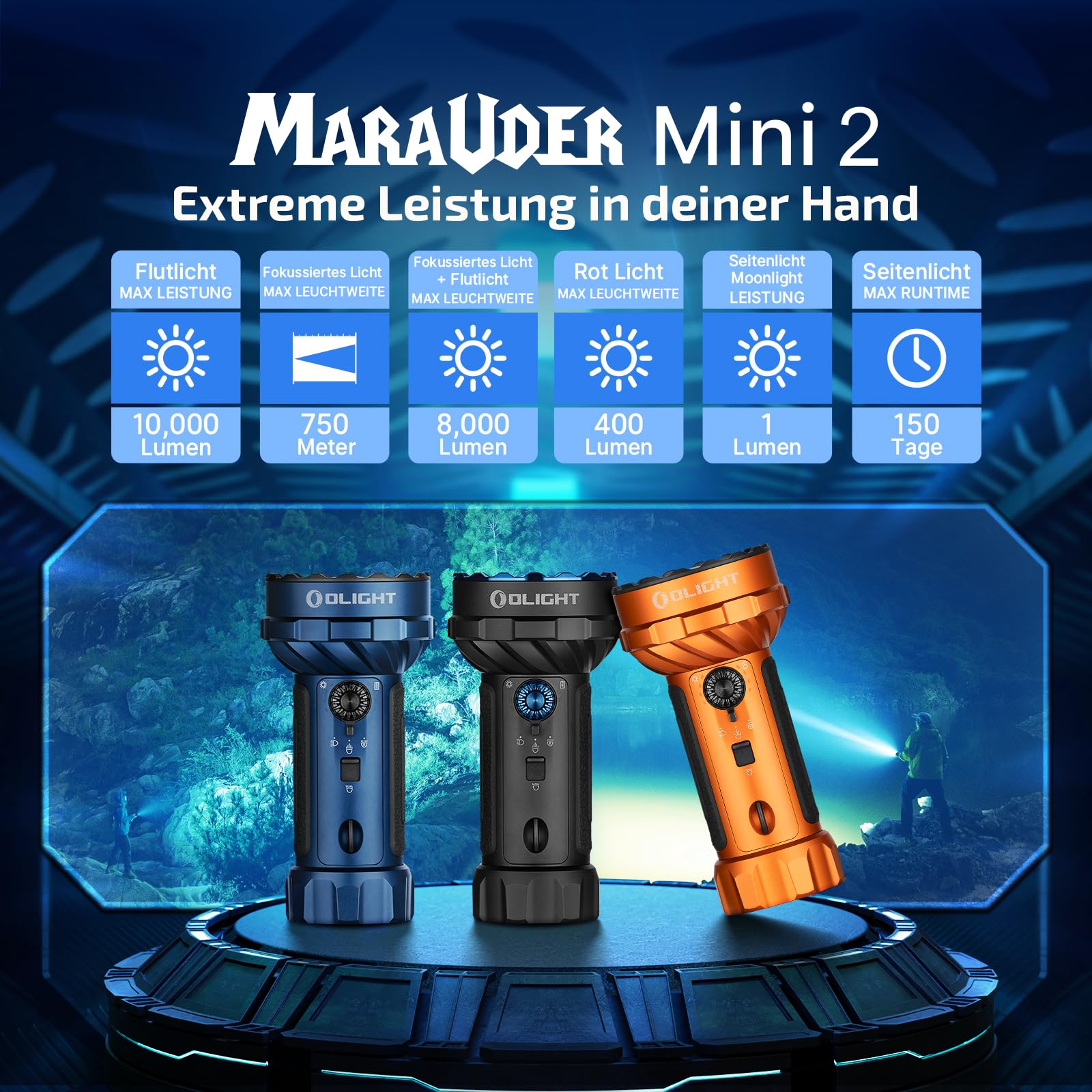 OLIGHT Marauder Mini 2 LED extrem helle Taschenlampe 10000 Lumen 750 Meter, USB-C aufladbare Taschenlampen mit 5Lichtmodi, IPX8 Handlampe mit Flut-und Fokussiertes Licht für Outdoor Campin(Orange) | USB-C aufladbare Taschenlampen mit 5Lichtmodi, IPX8 Hand