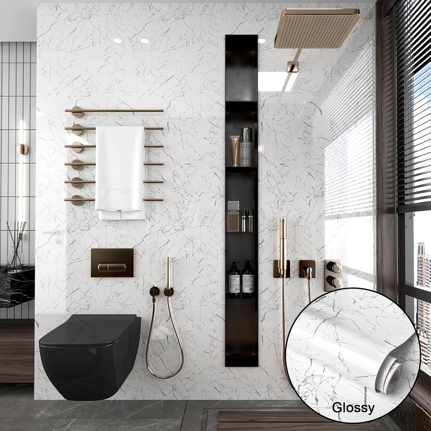 Fititem Marble Contact Paper for Countertop Kitchen Cabinet White Glossy Marble Peel and Stick Wallpaper Modern Self Adhesive Removable Waterproof Wallpaper for Bathroom Granite Vinyl Warp 15.7”×393”