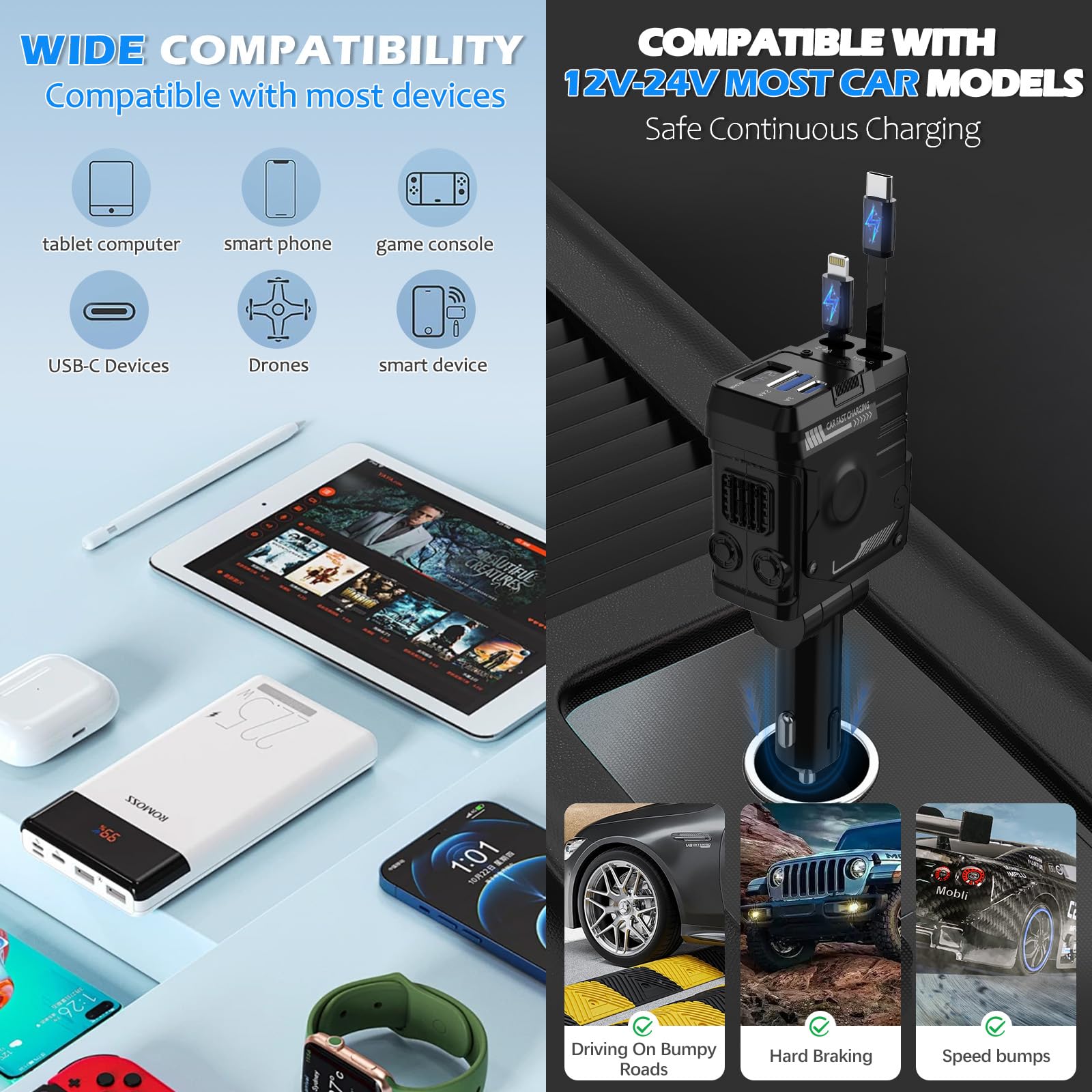 Retrattile Caricabatterie Auto, 4 in 1 Caricatore Auto Ricarica Veloce con 2 Cavi Retrattili e 2 Porte, Auto Accendisigari Compatibile con iPhone/Galaxy/Pixel, con Martello di Sicurezzar Auto (Nero)