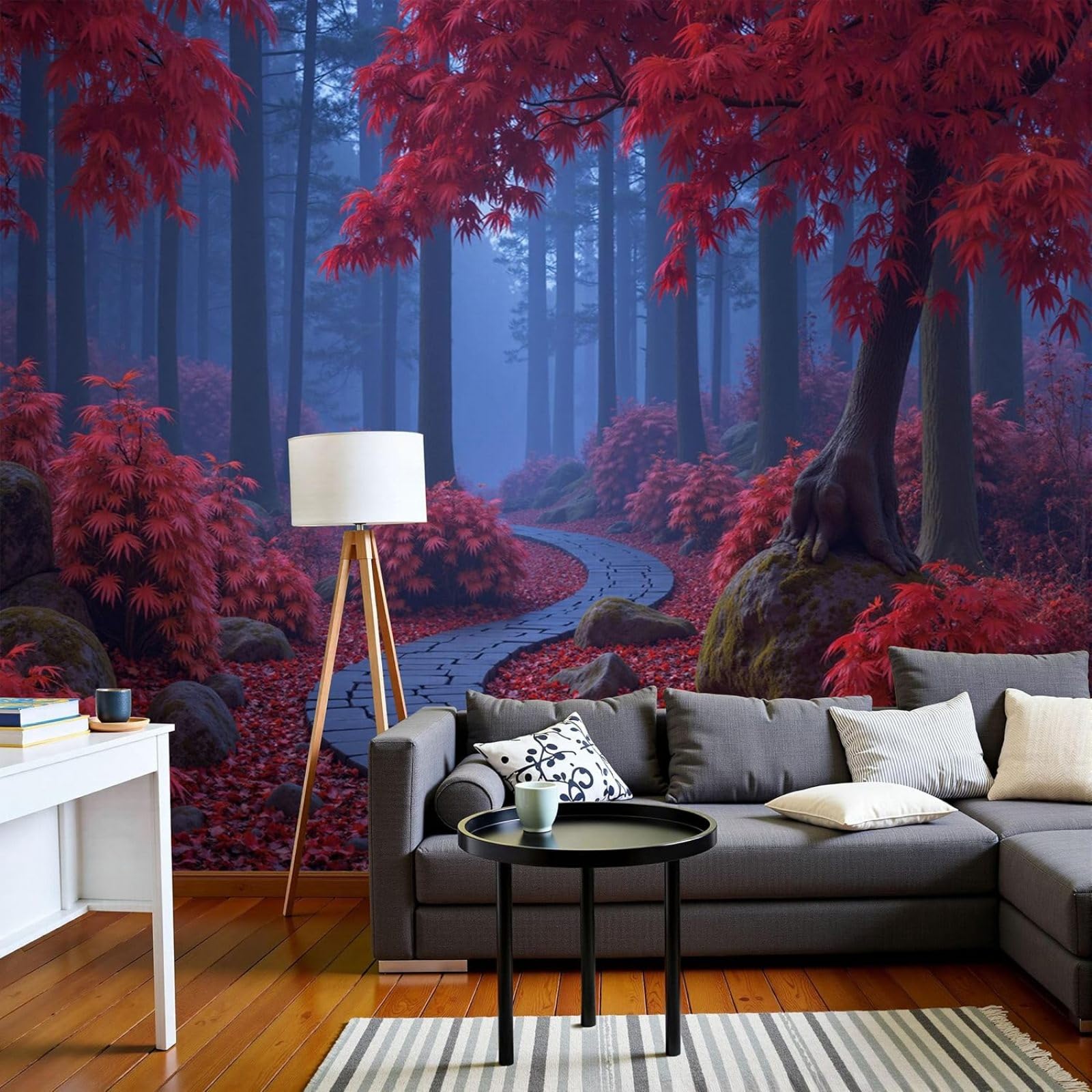 kfjhgbdshhj Photo Wallpaper 3D Effect Mist Red Forest Non-Woven Poster Curved Path XXL Non-Woven Blue Wallpaper Living Room Bedroom Picture,400cmx280cm Stickers - Frameless Painting - Poster