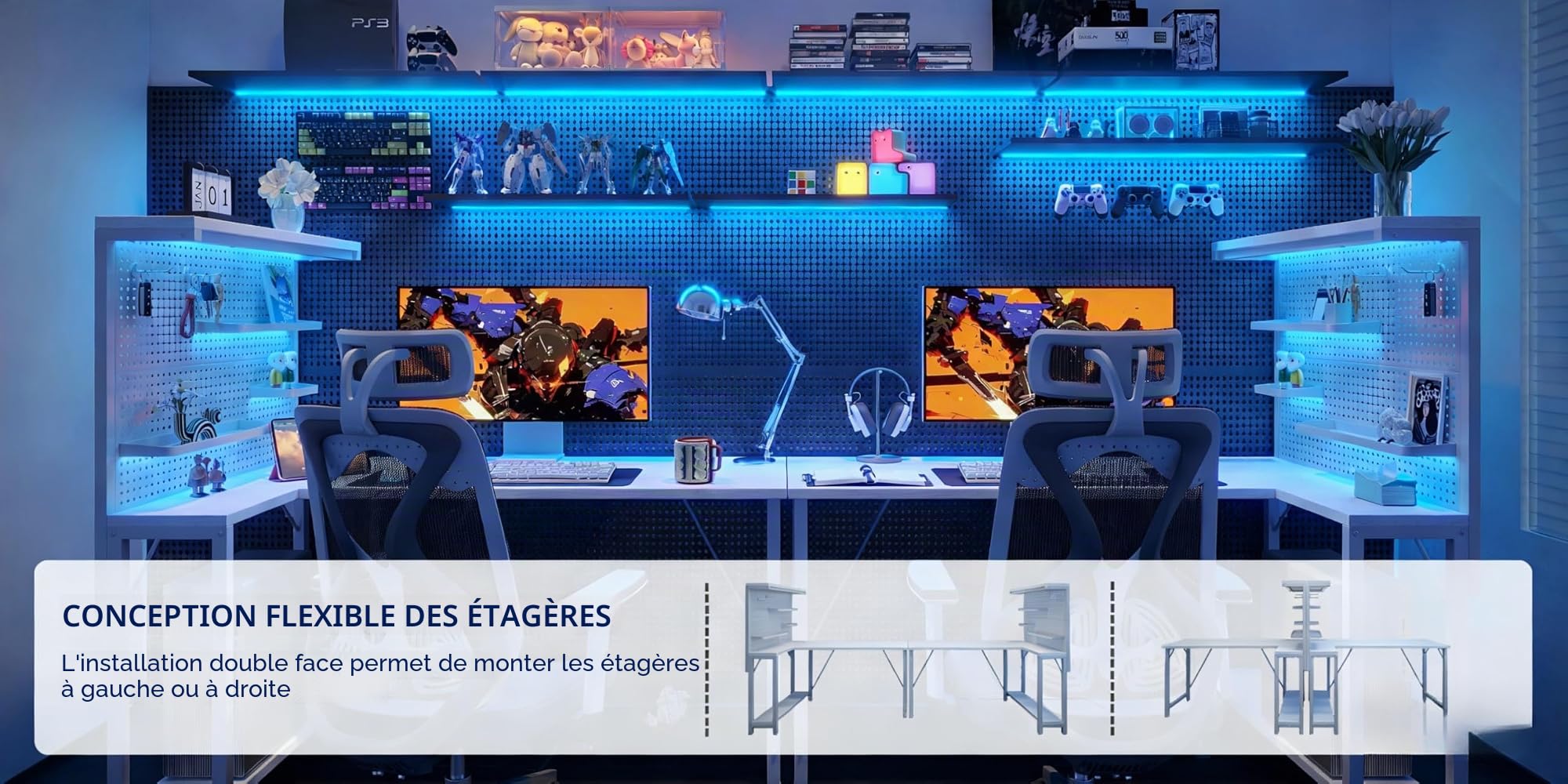 120 * 80cm L-förmiger Table Gaming avec Panneau Perforé et Étagères, Bureau d'angle avec Prise, Réversible Bureau avec 3 Détachables Étagères pour Domicile et Chambre, Blanc