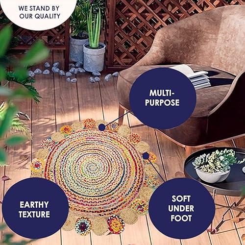 Miniatura 4 de Eleet Alfombra reversible de algodón hecha a mano, 4 pies, multicolor, tejida a mano, trenzada (4 pies, algodón redondo y yute)