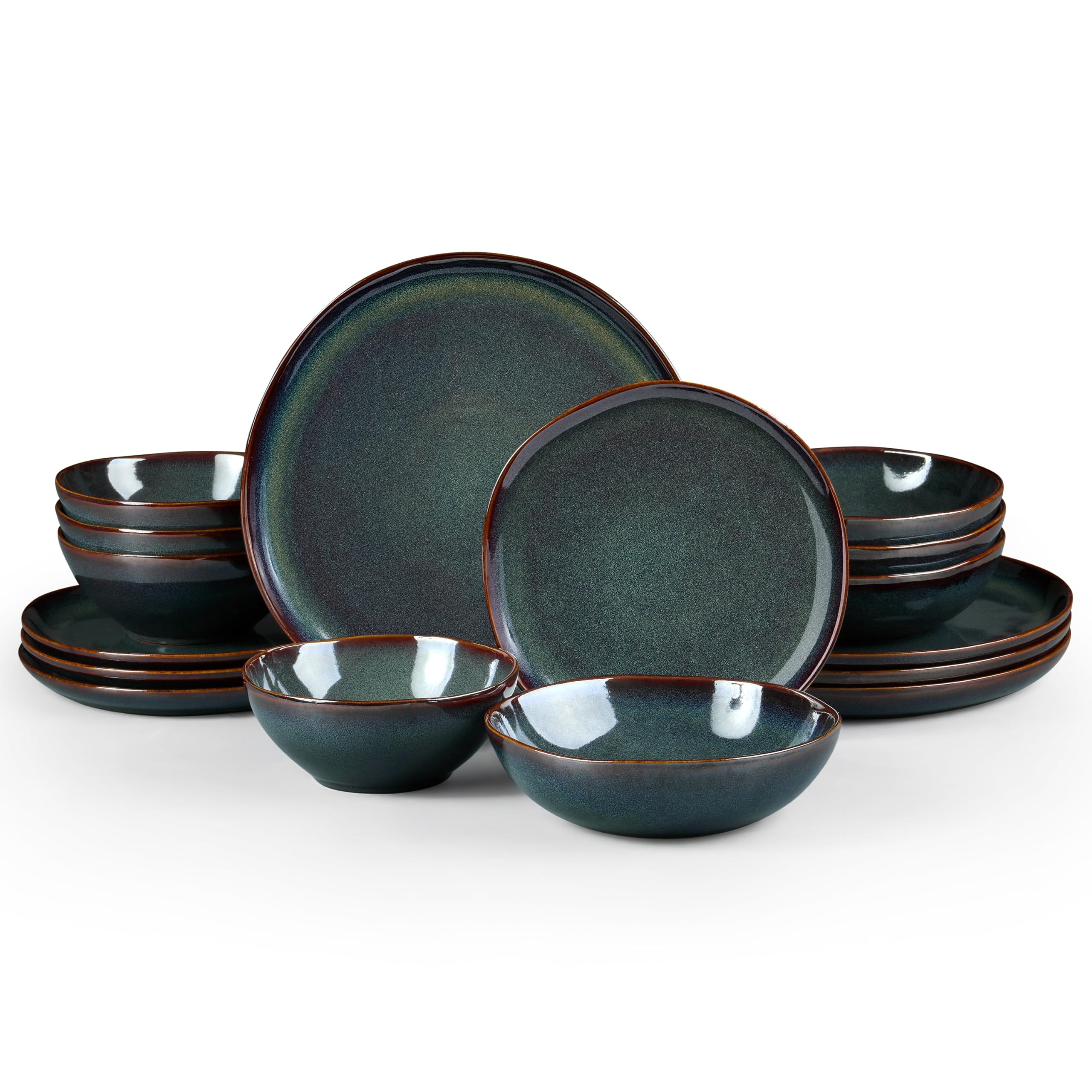 HaWare Plates and Bowls Set, Stoneware Dinnerware Sets, 16-Piece Hand-painted Dishware for 4, Ceramic Dish Set for Home Kitchen, Scratch Resistant, Microwave and Dishwasher Safe, Reactive Moss Green