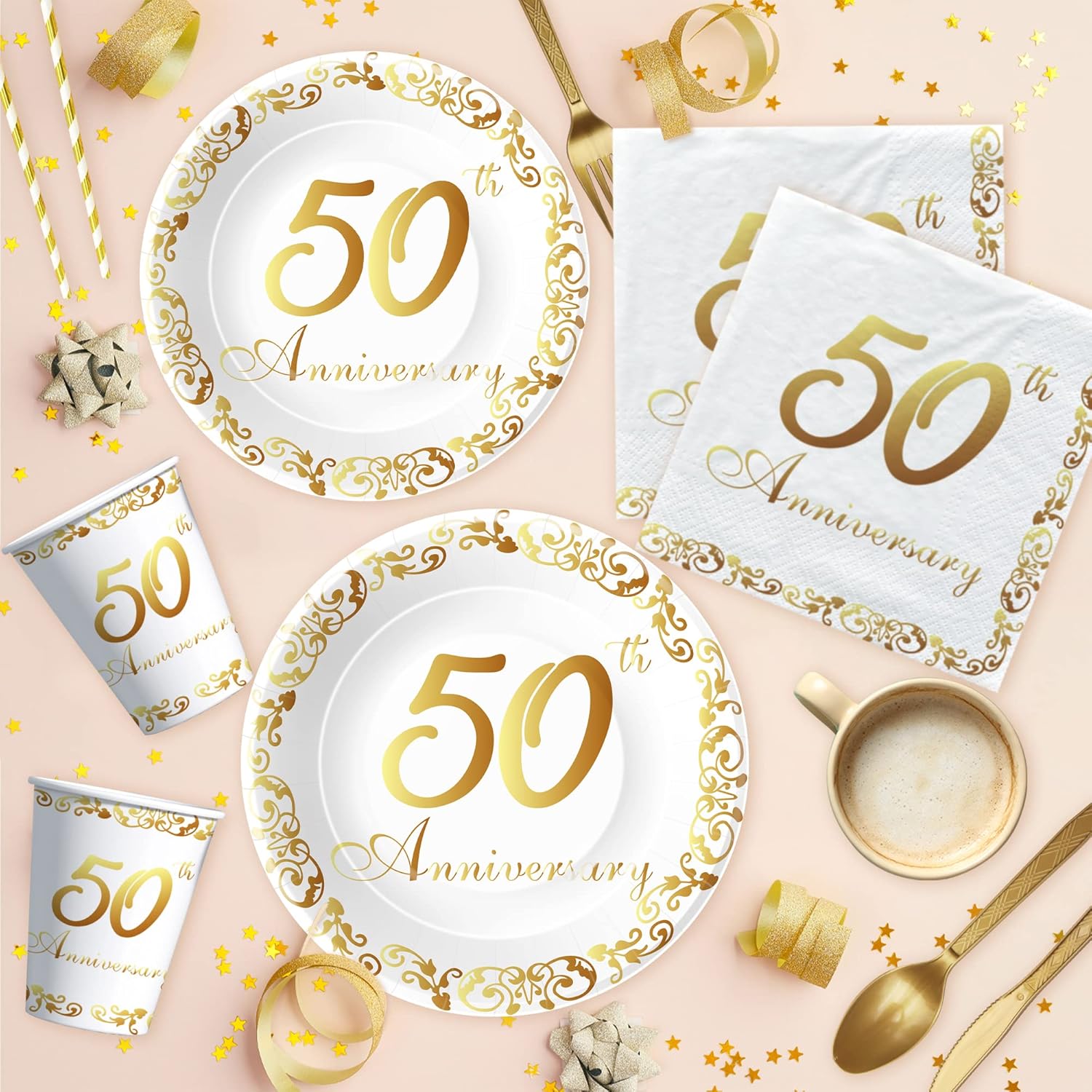 APOWBLS 50th Anniversary Decorations And Supplies Tableware - Golden 50 Year Wedding Anniversary Decorations, Party Plate, Cup, Napkin, Tablecloth, Cutlery, Paper Straw | Serve 24