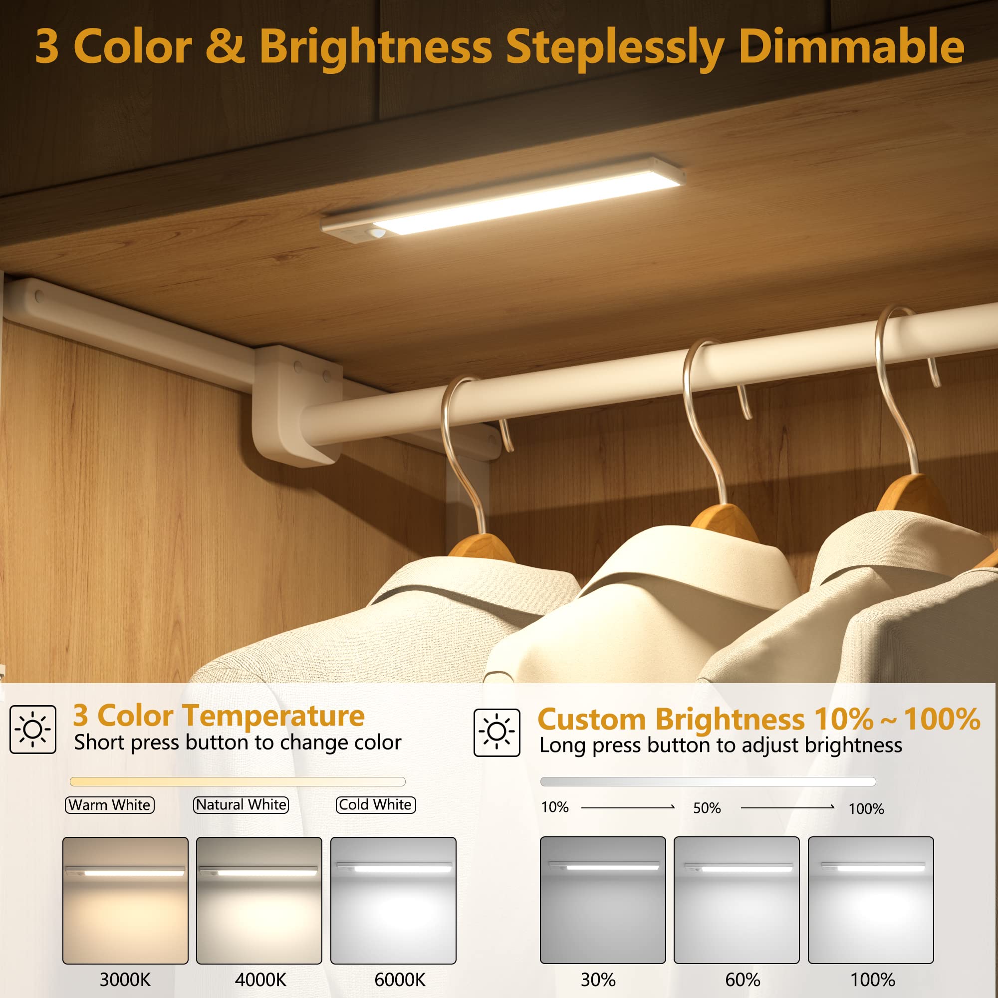 Luces para debajo del gabinete, sensor de movimiento, 3 temperaturas de color, luz LED para armario, luces recargables USB-C para debajo del mostrador, luces regulables, inalámbricas, magnéticas, para