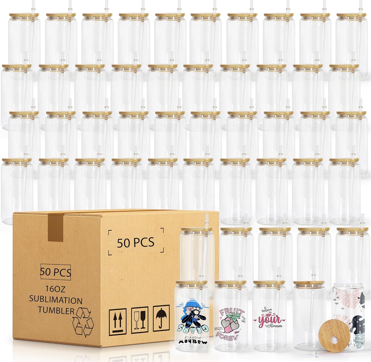 AGH Glass Cups with Bamboo Lids and Straws,16oz Clear Glasses Sublimation Can Tumbler.Reusable Water Tumblerfor Ice Coffe Smoothie Whiskey Boba Soda Tea Gift,50 Pack