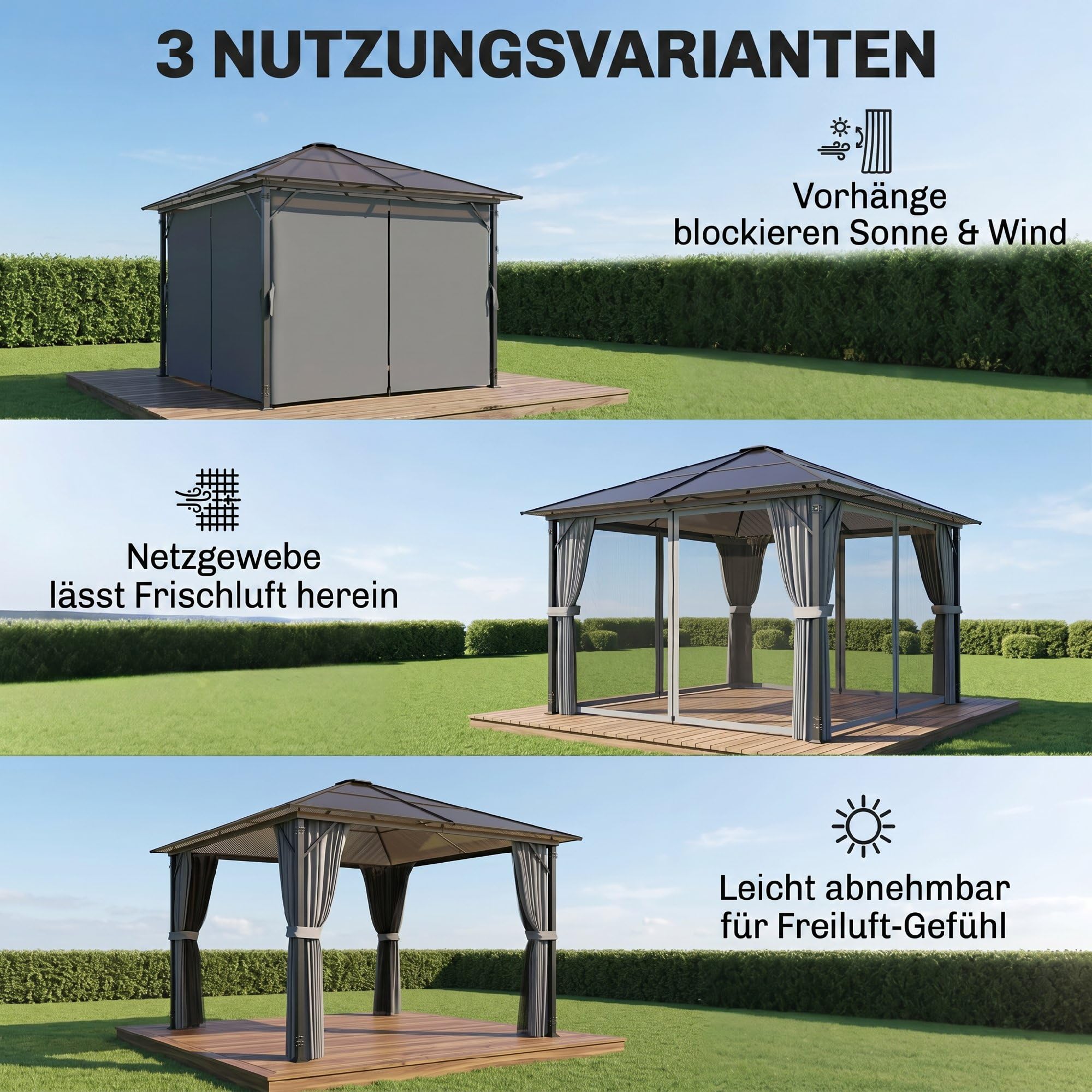 Outsunny Pavillon 3 x 3m Pavillon de Jardin Tente de réception avec Parties latérales PC Toit Alu Gris foncé