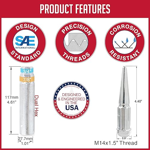 Miniatura 10 de Tuercas de metal macizo con puntas para tapacubos, rosca M14 x 1.50 de 4.4 pulgadas de alto. Tuerca de clavija ciega de extremo cerrado, 1 cabeza de