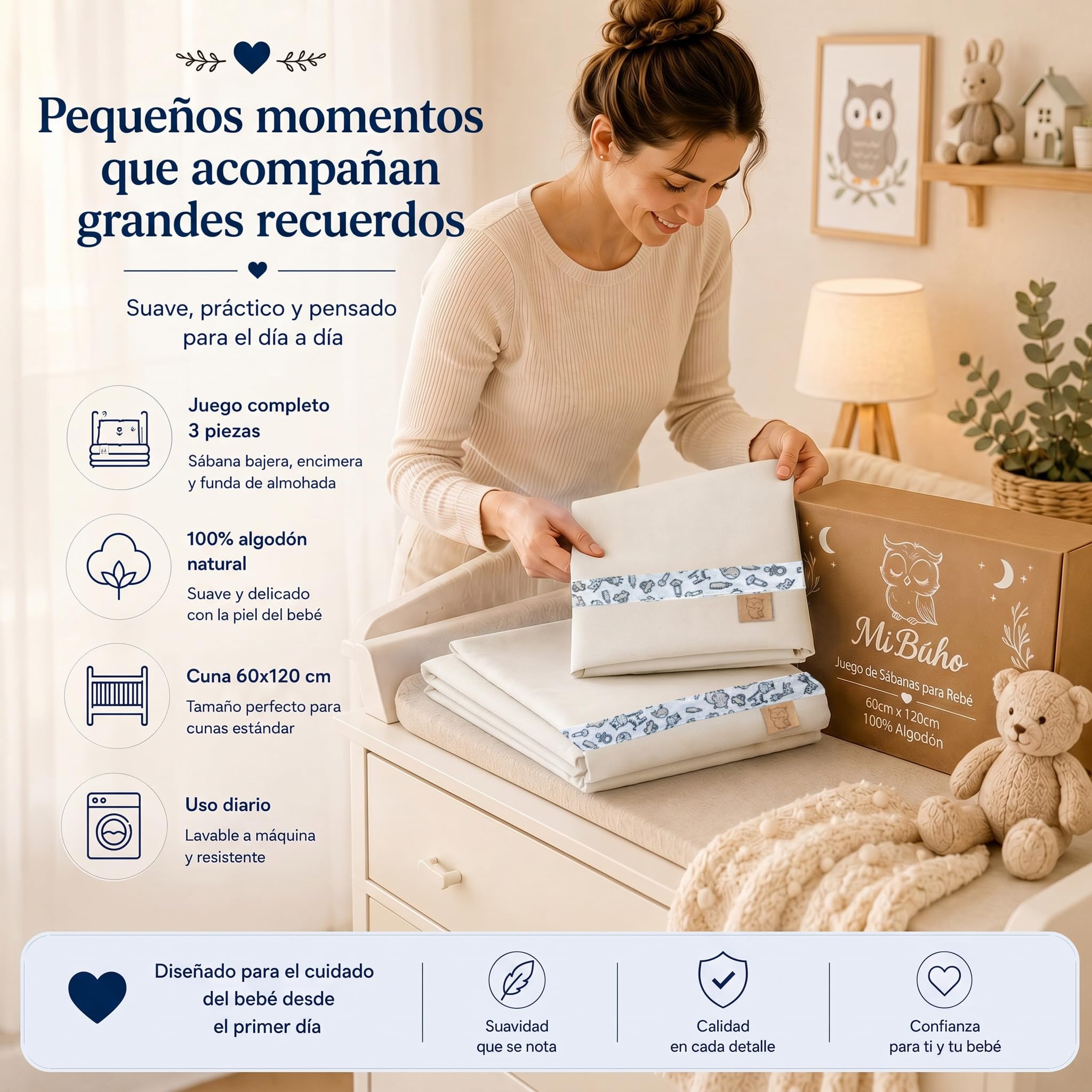 Sabanas Cuna 60x120 Algodon para Bebé, Juego Completo 3 Piezas con Bajera Ajustable, Encimera Y Funda De Almohada, 100% Algodón Suave para Descanso Diario (Crema)