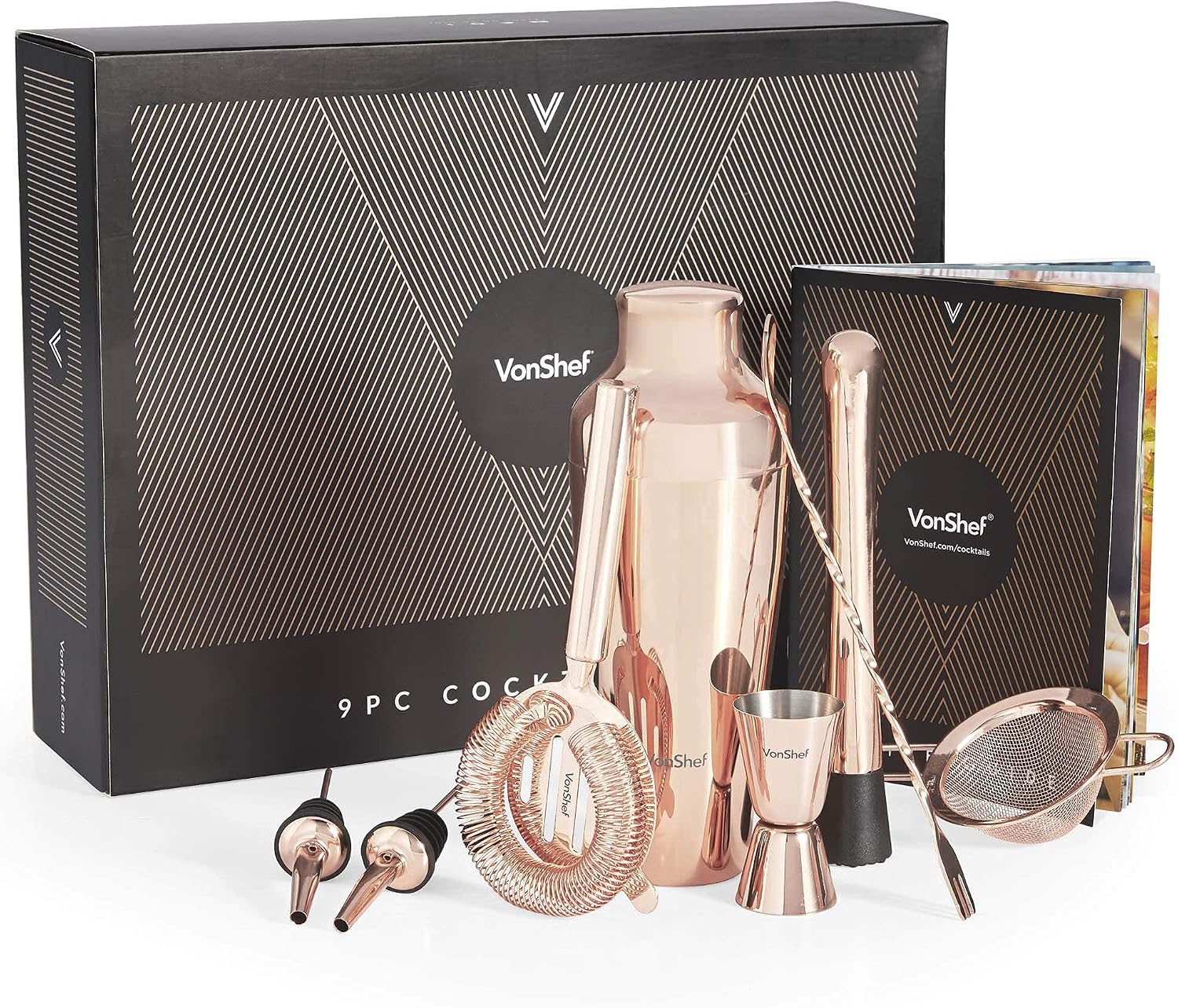 VonShef Parisian Cocktail Shaker Barware Set in Gift Box with Recipe Guide, Cocktail Strainers, Twisted Bar Spoon, Jigger, Muddler and Pourers, 9 Piece Set, 17oz (Rose Gold)