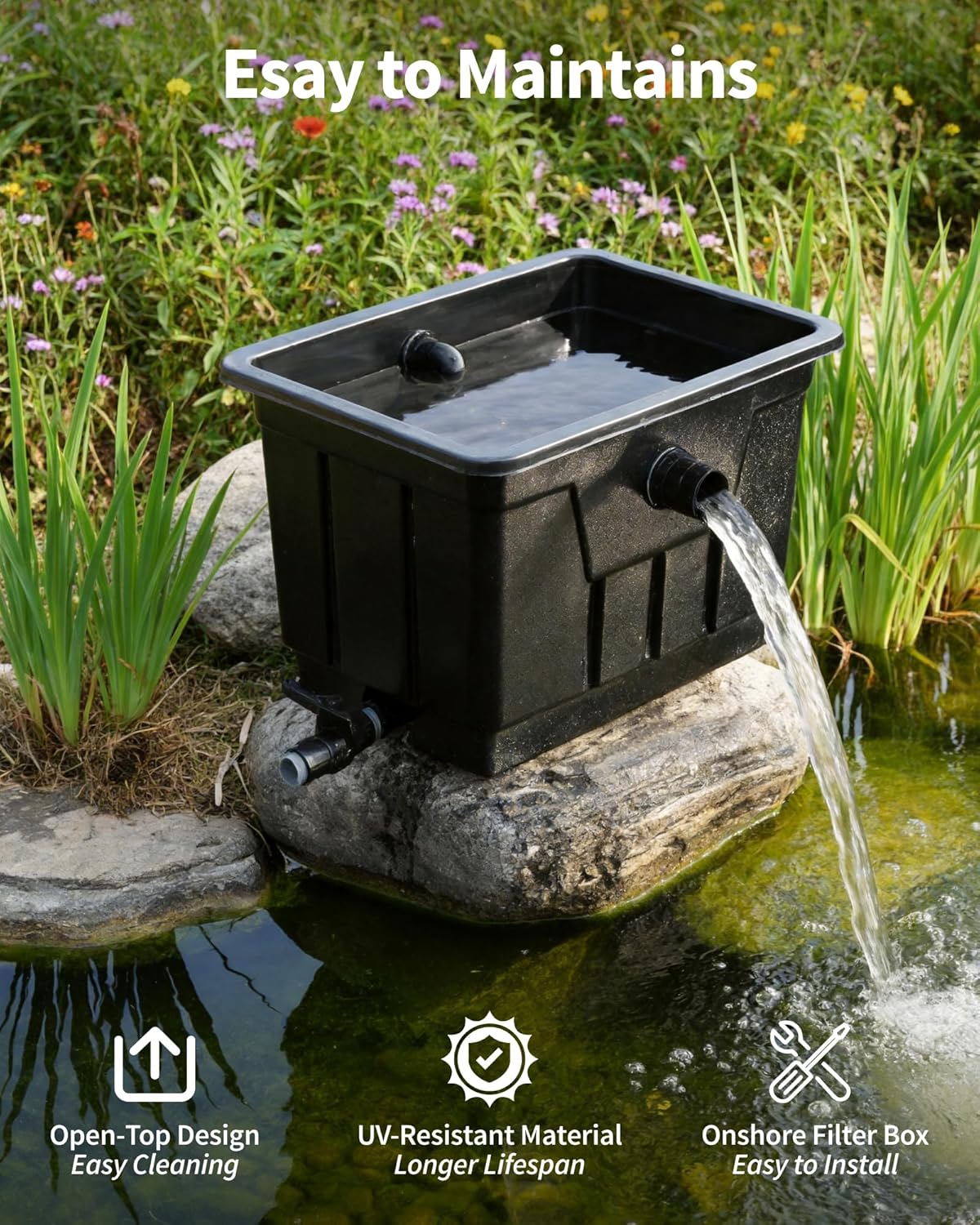POPOSOAP Large Pond Filter Kit, Outdoor Pond Filter with 1200GPH Quiet Pond Pump & 9.8FT Hose, Above-Ground Design for Easy Maintenance Complete Accessories Included for Koi Pond Garden Pond P2580
