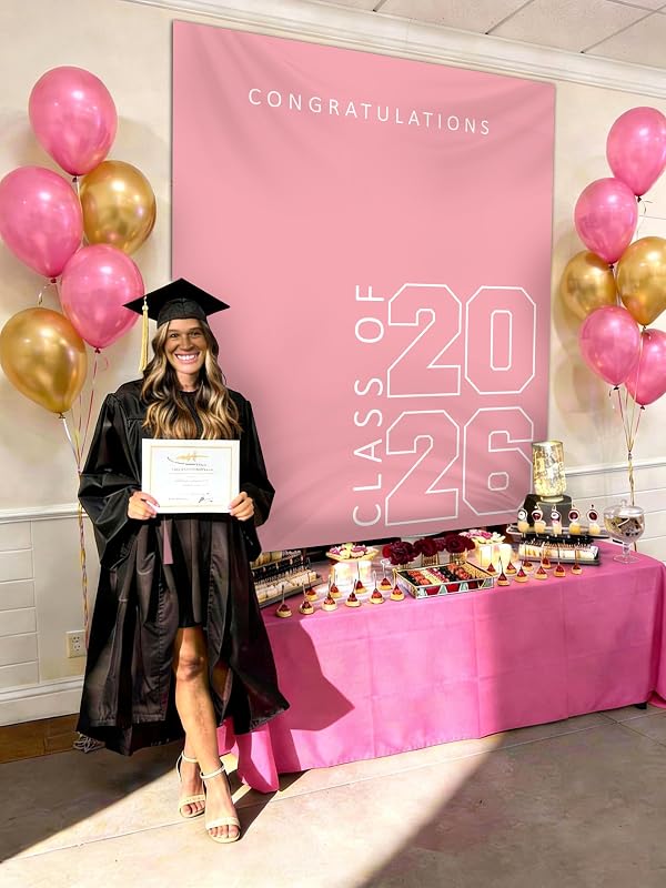 Class of 2026 Graduation Banner 5X6feet - Large CONGRATS GRAD Polyester Banner, Photo Backdrop & Wall Decor for Commencement Party Supplies, Pink and White Graduation Party Decorations for High School & College by ATFUNSHOP - Used condition - Image 5