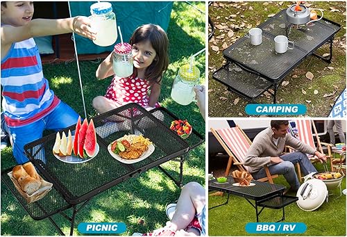 Miniatura 6 de Mesa de campamento pequeña baja con 2 paneles de alas, mesa de picnic baja plegable y al aire libre con 2 estantes, ligera y fácil de transportar