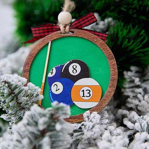 Miniatura 8 de Bola de Billar Adorno de Navidad de 4 Pulgadas  Decoración de Taco y Bolas de Madera en Capas, Regalo para Jugadores de Billar, Sala de Juegos,