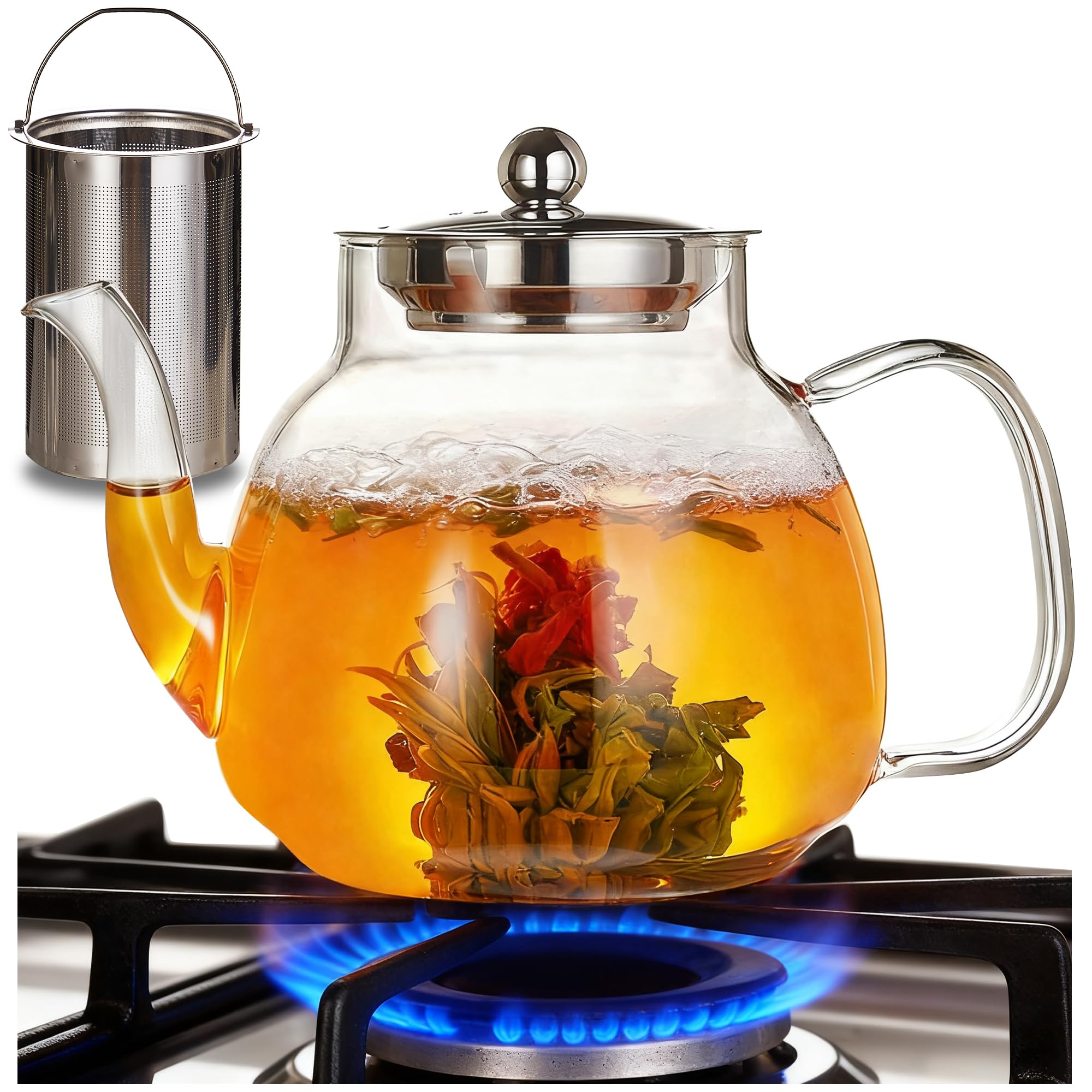 Sponsored Ad - 1100ml Glass Teapot with Removable Infuser,37oz Borosilicate Clear Tea Kettle,Stovetop Microwave Safe,Blooming and Loose Leaf Tea Maker Gift