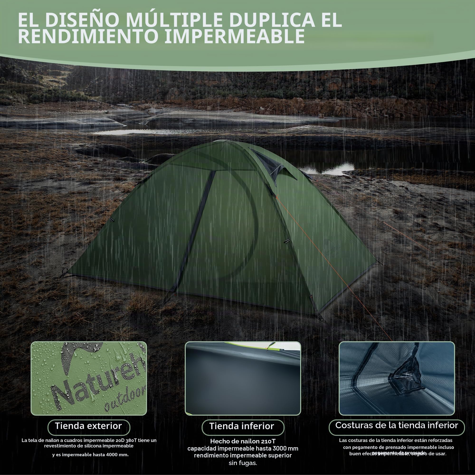 Naturehike Ultraligera de Silicona Carpa para Acampar para 2 Personas Impermeable para Senderismo y Pesca 3-4 Estaciones (Verde)