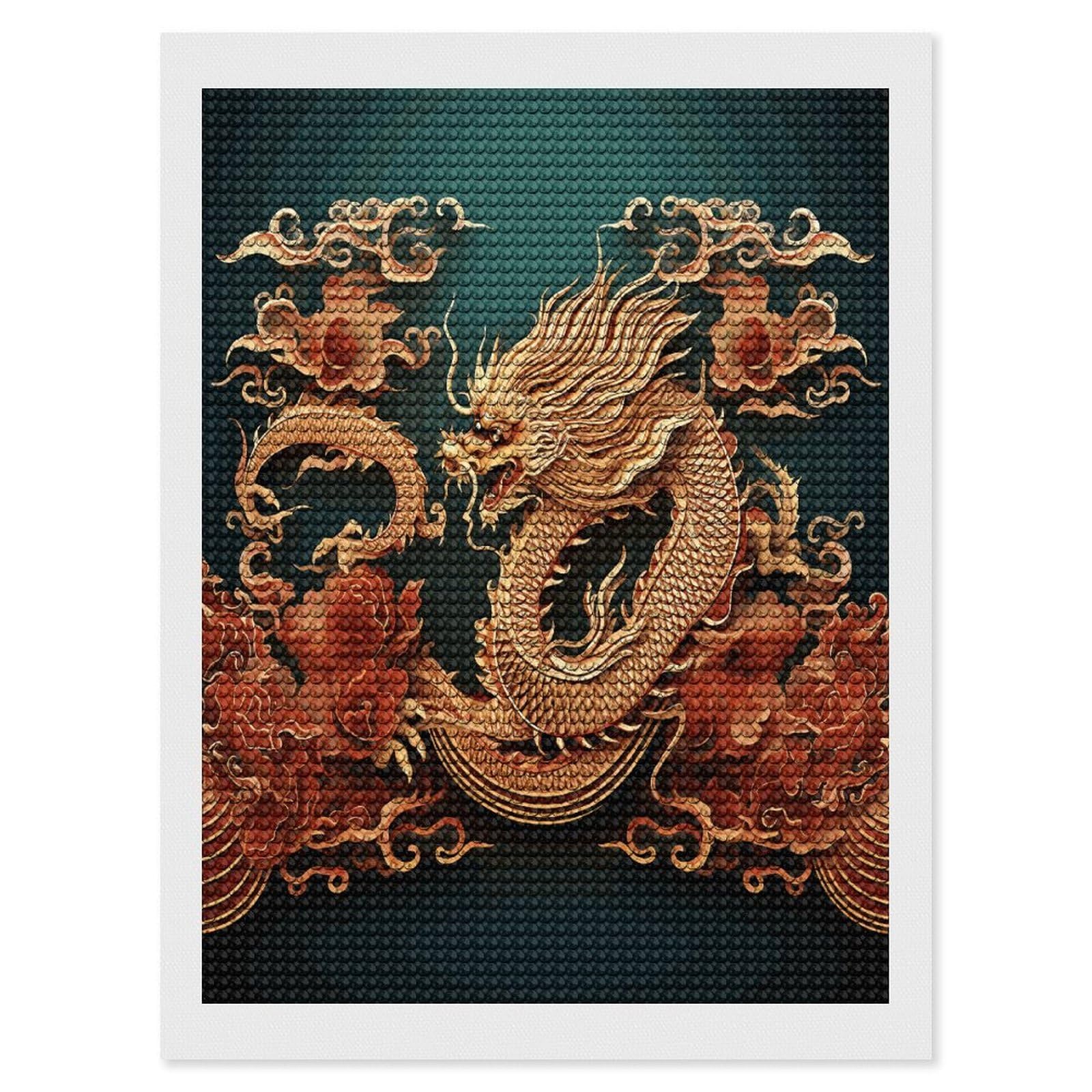 Dragon Chinese Background Diamond Art Kits for Adult Round Full Drill Diamond Dots Paintings for Beginner Picture Art DIY Diamond Painting Kits 5D Diamond Art Painting for Home Wall Decor 12"x16"
