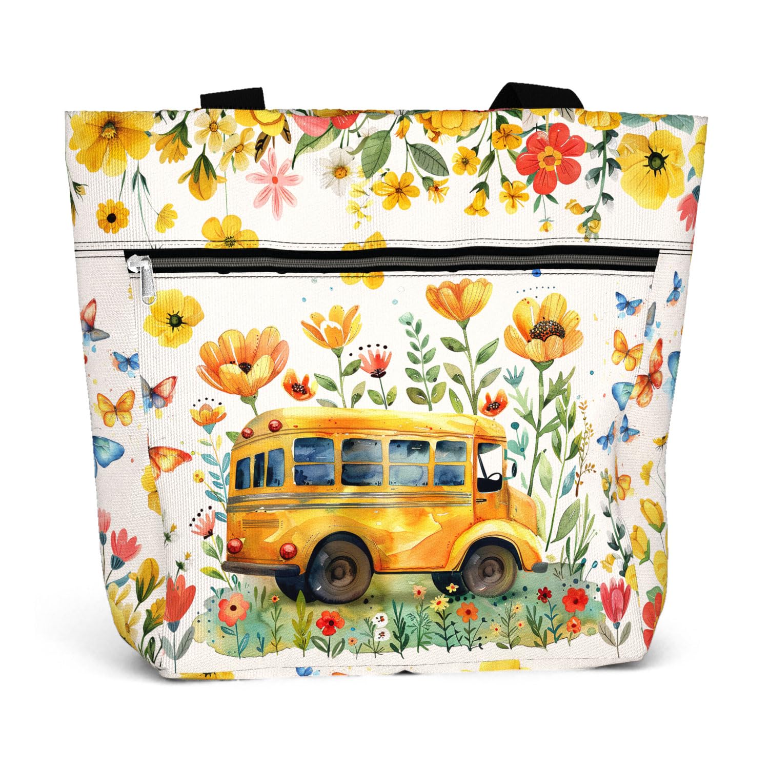 84hoods Large Waterproof Tote with Pockets and Zipper - Shoulder Bag for Women - Aesthetic 15 inch Flower Pattern Bag