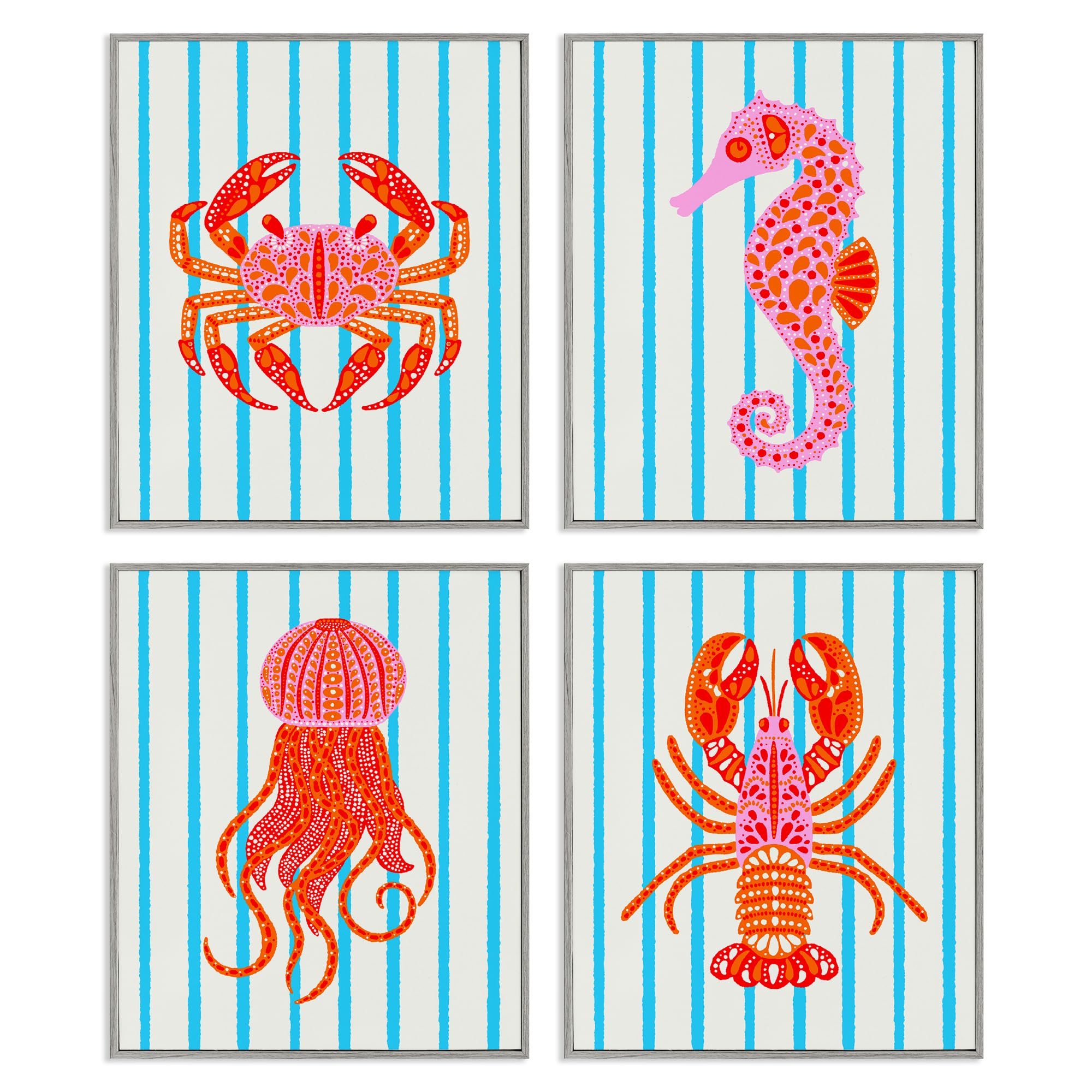 Stupell Industries Farmhouse Gray (Textured) 'Bright Sea Creatures On Stripes', 4Pc Framed Giclee Set, Gray, 11 X 14 Inches, Easy To Hang And Sturdy, Made In Usa, By Indira Prieto | Indysign