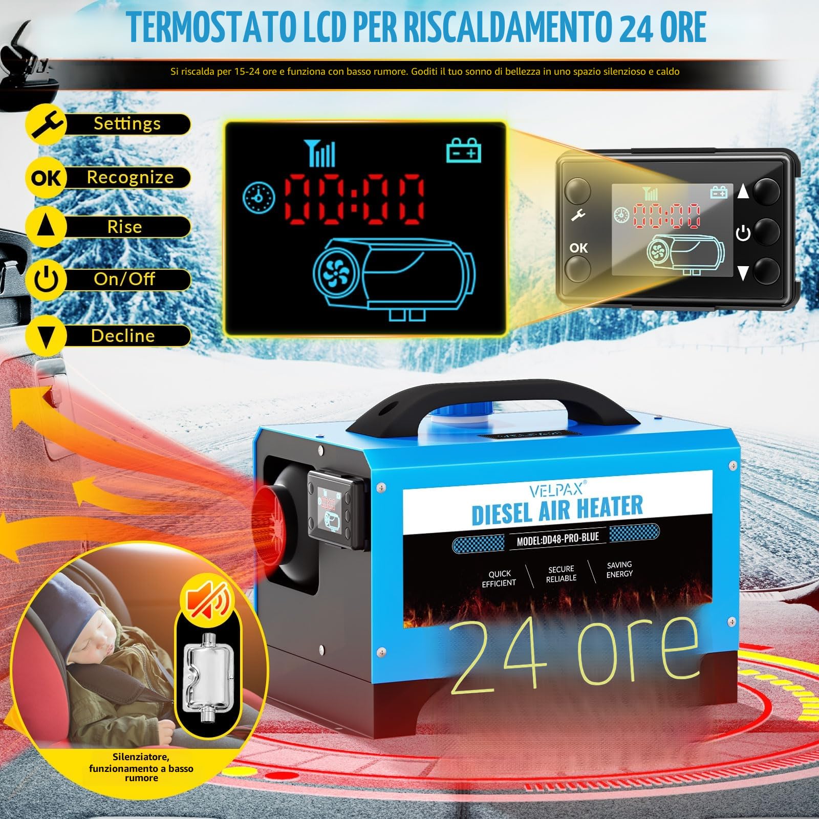 VELPAX Riscaldatore d'Aria Diesel all-in-One 8KW 12V riscaldatore d'Aria Diesel con silenziatore, LCD e Telecomando per Camper,Macchine,Camion,Barche,Autobus