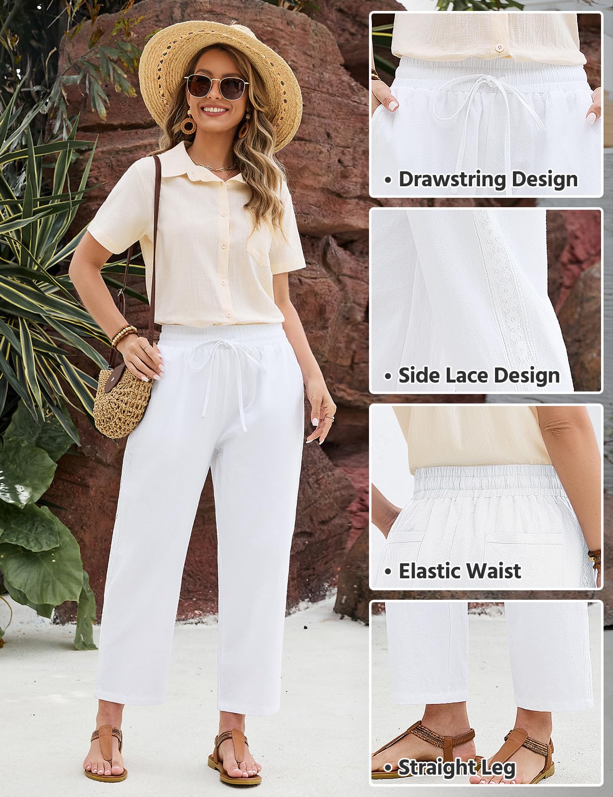 Pantalon Femme Été 7/8 Coton Pantalons Taille Haute Elastique Fluide Pantacourt Décontracté Côtés en Dentelle de Plage Vacances avec Poches