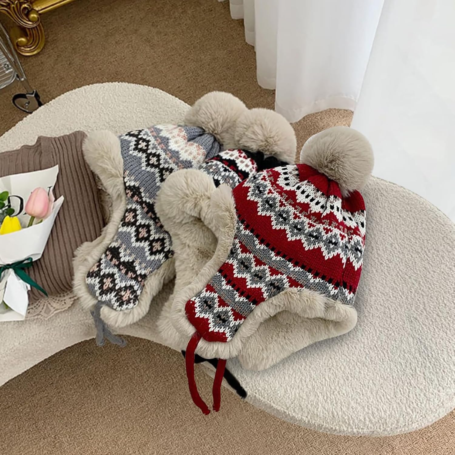 Womens Winter Knit Beanie Hat with Ear Flaps, Warm Fleece Lined Skull Caps Faux Fur Trapper Hat Earmuff Snow Hats - Image 5