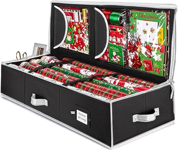 ZOBER Gift Wrapping Paper Organizer Storage - 40" Gift Wrap Storage Containers with Interior Pockets for Bows, Tags & Ribbons - Wrapping Paper Holder, 600D Oxford, Fits 24 Standard Rolls, Black/White