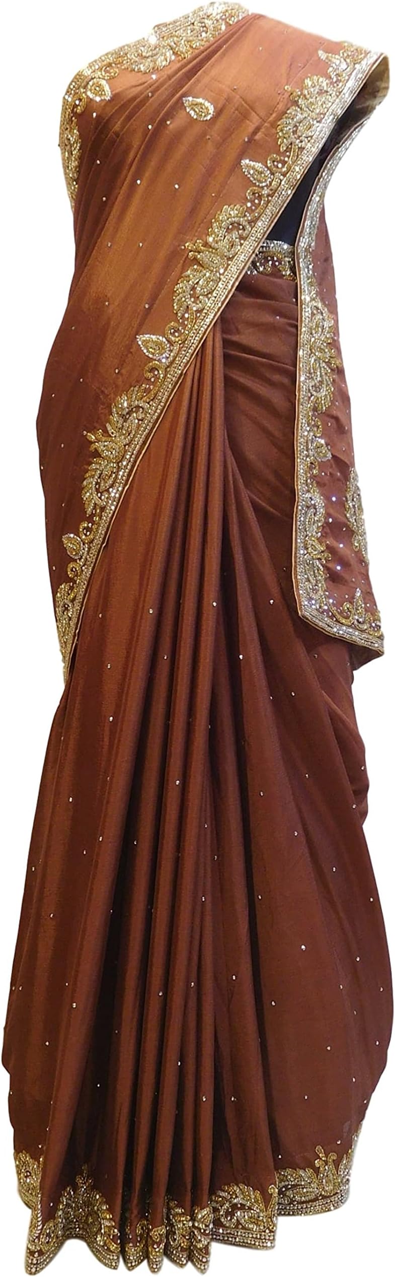 SMSAREE Coffee Brown Designer Crepe (Chinon) Hand Embroidery Cutdana Stone Work Saree Sari AZC671