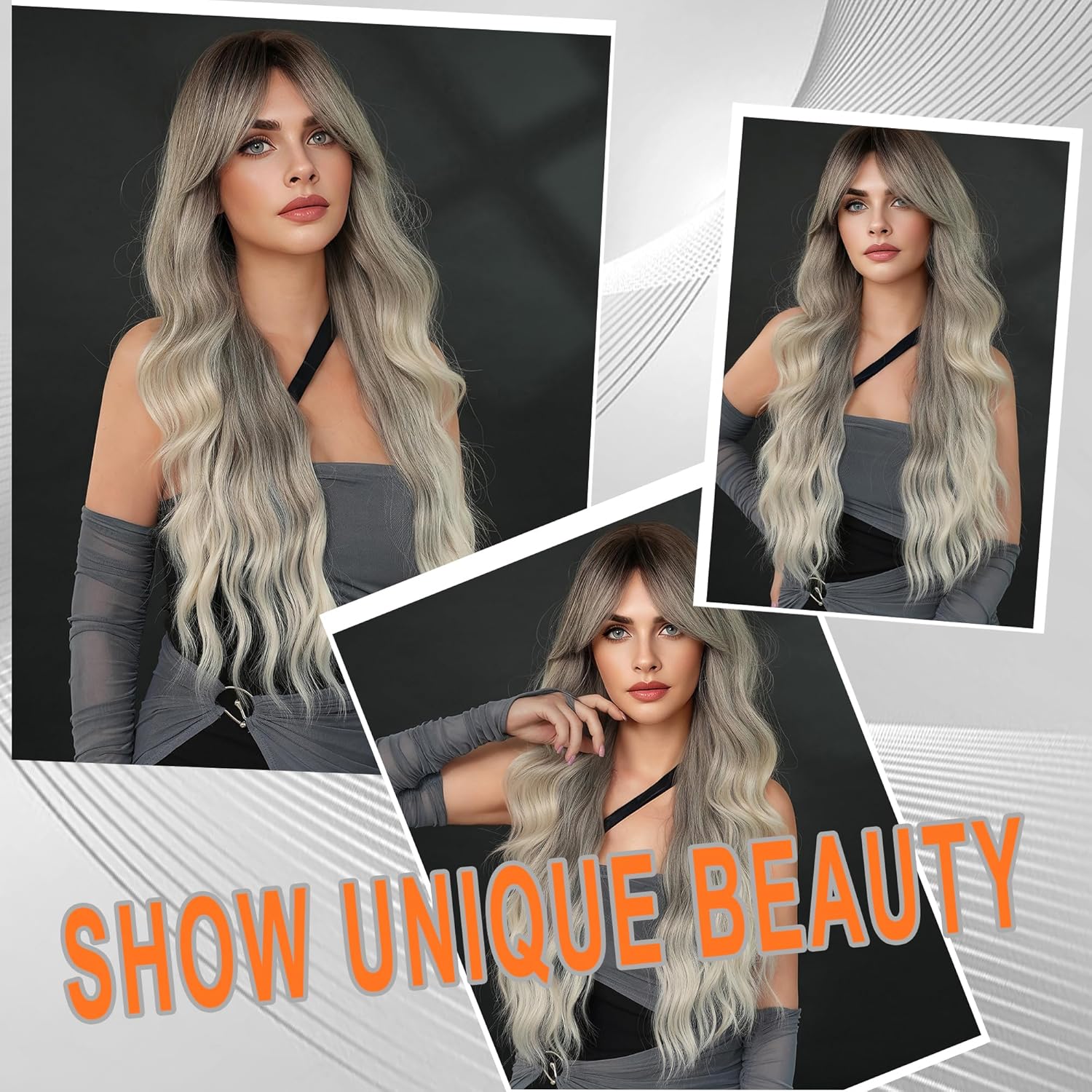 Grey Wig for Women Long Ombre Silver Wavy Wig 29In Grey and Black Highlight Synthesis Heat Resistant Wigs For Daily Wearing Party Birthday Gifts