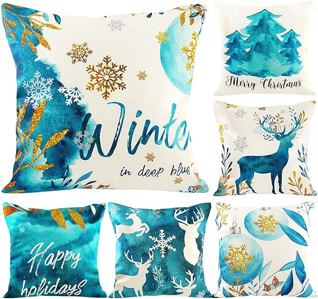 Christmas Cushion Covers Set of 6 45 x 45, Snowflake Xmas Pillow Cases, Elk X-mas Tree Printed Pillow Covers for Winter Home Decoration (Christmas Blue)