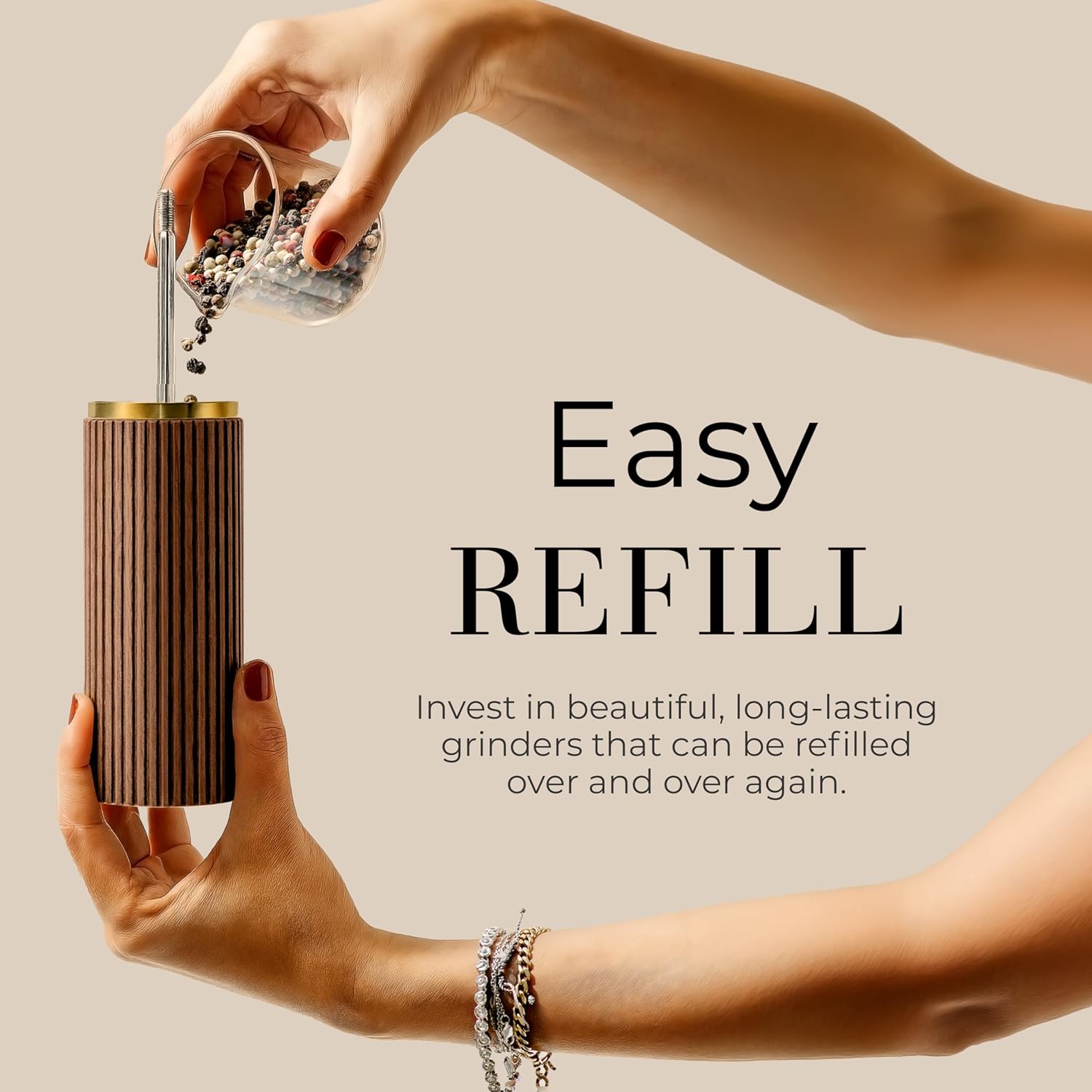 Wooden Salt and Pepper Grinder Set – Refillable Manual Salt and Pepper Mills with Adjustable Ceramic Burrs, Gold Detailing, and Wood Stand – White, Black and Acacia
