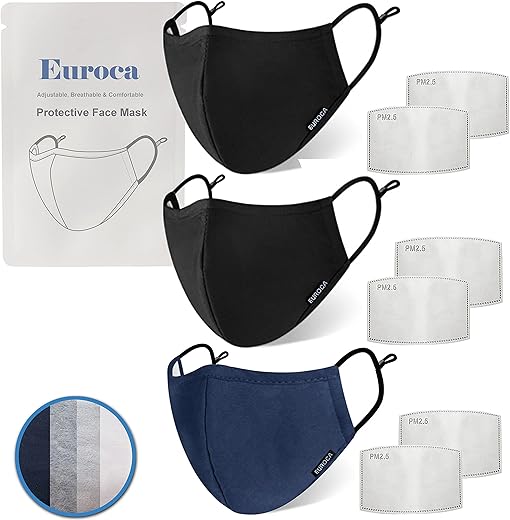 Euroca Cloth Face Masks 4 Layer Washable Reusable Breathable Adjustable with Filter Pocket for Adults-2 Filters included