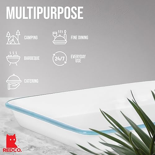 Vista 20 de Red Co. Bandeja rectangular clásica de metal esmaltado de 11 x 9 pulgadas, 2 cuartos de galón, borde blanco sólido/azul marino Llanta blanca/azul