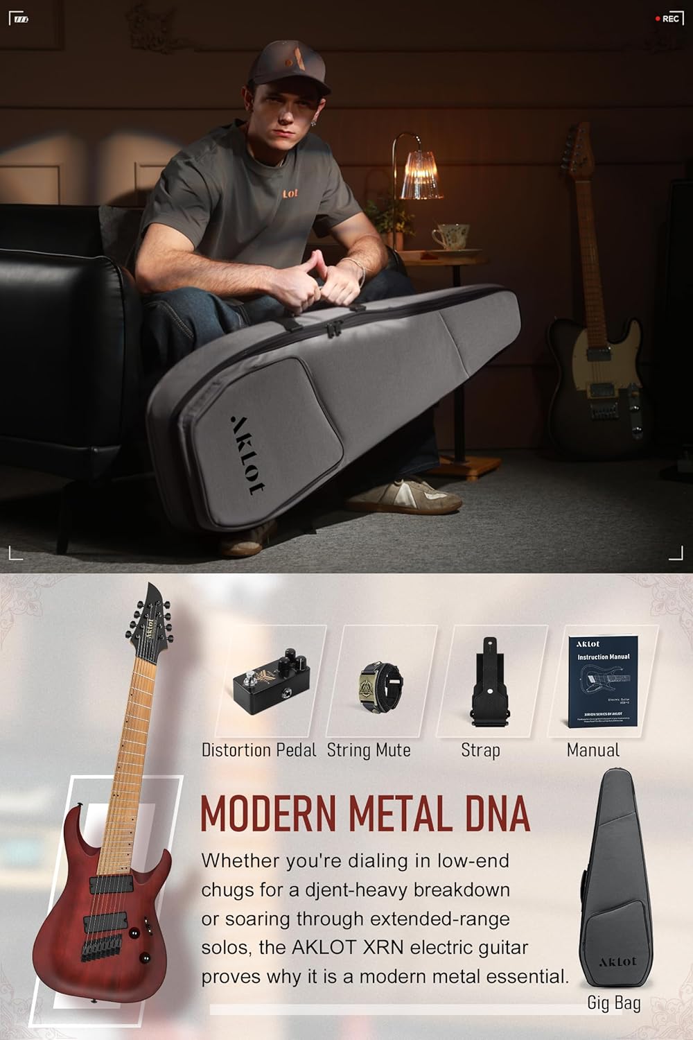 AKLOT Multi-Scale 8-String Electric Guitar: Roasted Maple Neck with String-Through Bridge Electric Guitars Kit with Okoume Body, HH Pickup, Gig Bag, Strap, String Mute, Distortion Pedal, XRN-8 TB