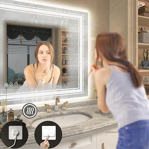 Miniatura 4 de Espejo de baño iluminado de 60 x 40 pulgadas para pared, espejo de tocador iluminado con luces LED, regulable, antivaho y con certificación ETL