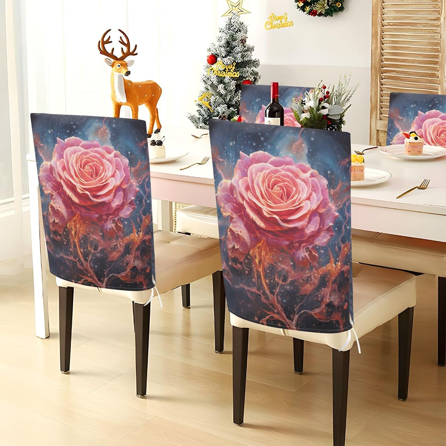 ALAZA Pink Rose on Blue Sky Chair Back Cover Set of 6, Washable Reusable Removable Chair Slipcovers Decorative Chair Cover for Home Kitchen Wedding Party