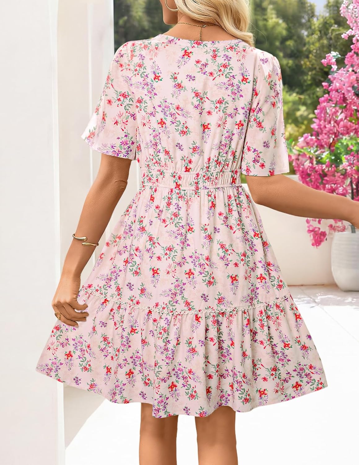 MEROKEETY Women's 2026 Spring Summer Floral Dress V Neck Short Sleeve Button A Line Boho Beach Flowy Vacation Dresses - Image 3