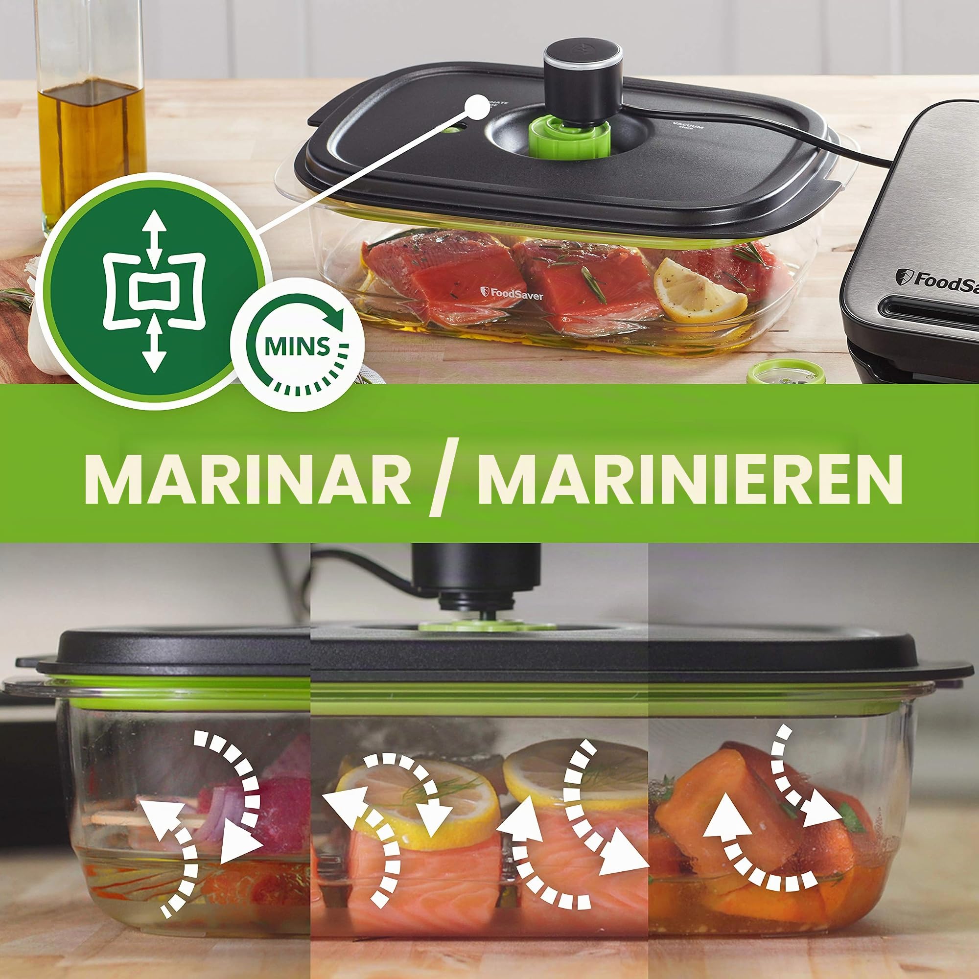 FoodSaver Premium VS3190X Envasadora al vacío,4 bolsas & 4 bolsas con cierre tipo zip, Acabado plata y negro & FoodSaver Recipiente para conservar y marinar al vacío