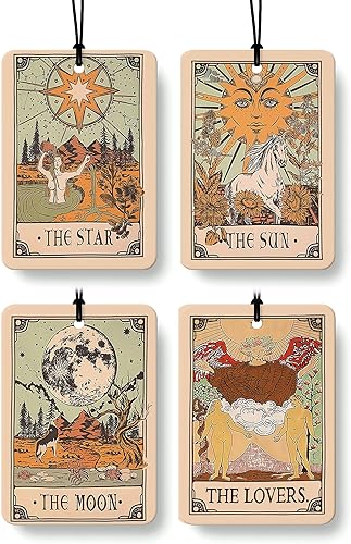 Ambientador de aire retro bohemio con tarjeta de tarot para automóvil, 4 piezas, estrellas, sol, luna, amantes del ambientador colgante para autos,