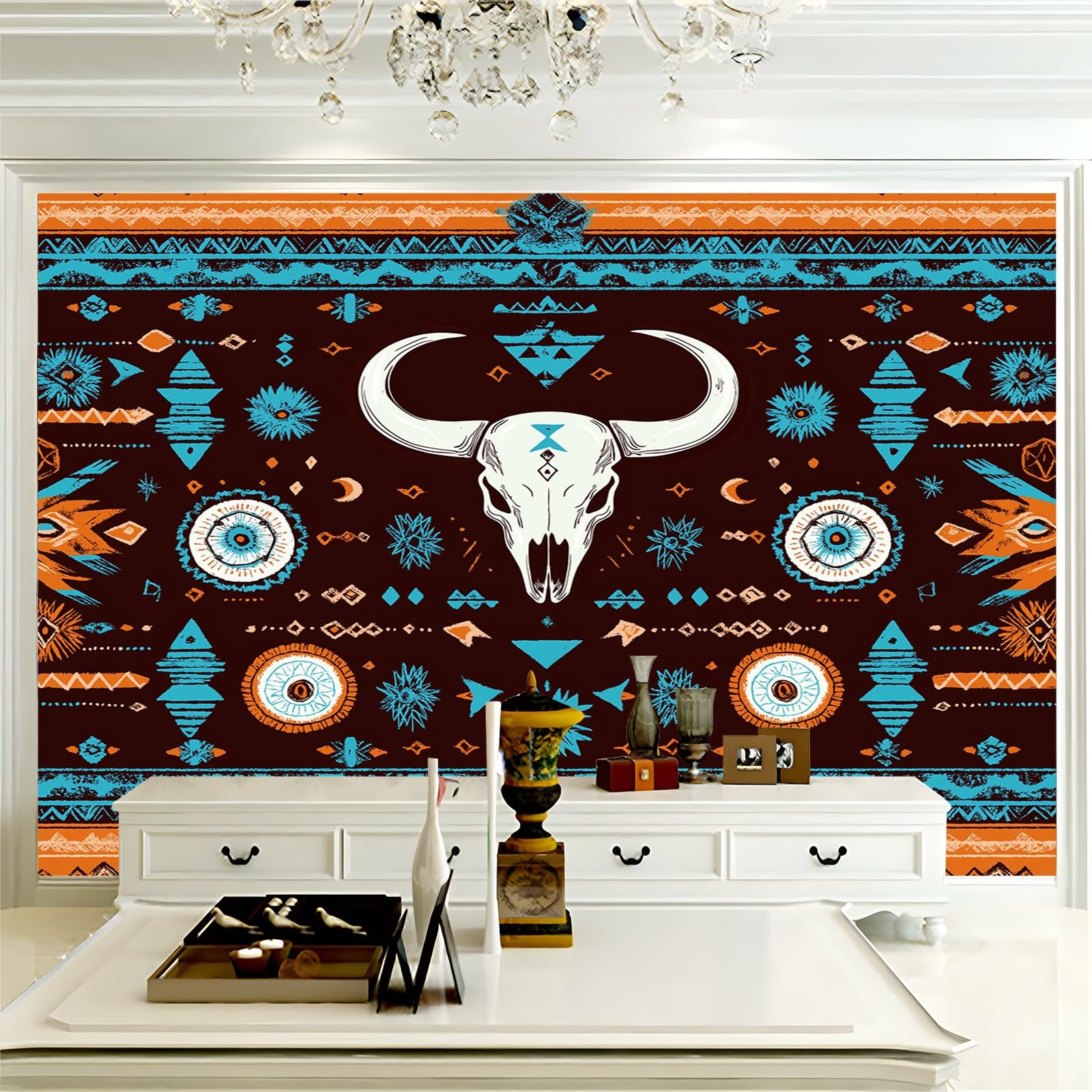 Panoramiczna tapeta boho plemienna czaszka pomarańczowa niebieska 200 x 140 cm (szer. x wys.), panoramiczna gigantyczna tapeta 3D salon sypialnia jadalnia pokój dziecięcy dekoracje ścienne z włókniny