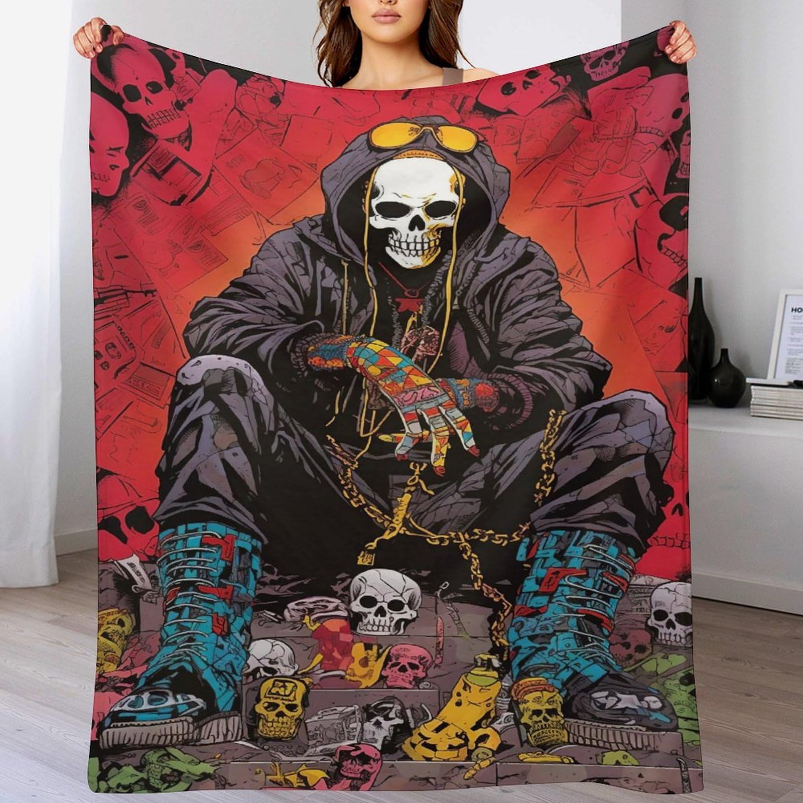 Couverture canapé crâne en flannel douce : jeté de lit chaud déco pour maison et voyage