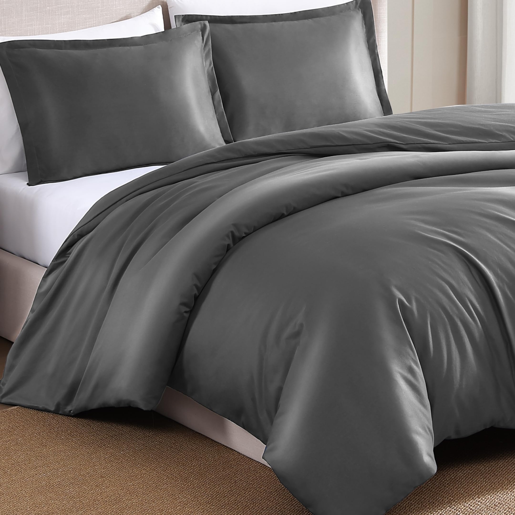 Duvet Cover Double Size Charcoal 1000 Thread Count Egyptian Cotton 3 Piece Duvet Cover Set with Button Closure Includes 2 Pillow Shams No Comforter Included